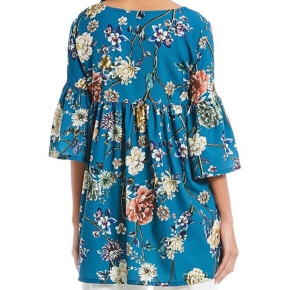 Bryn Walker Diego Tunic Size Small Floral Print Bell Sleeve Teal Blue Sz S New - Picture 4 of 11